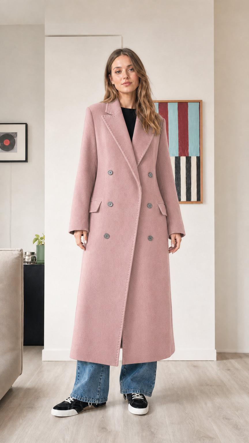 Front view of woman wearing dusty pink double-breasted maxi coat