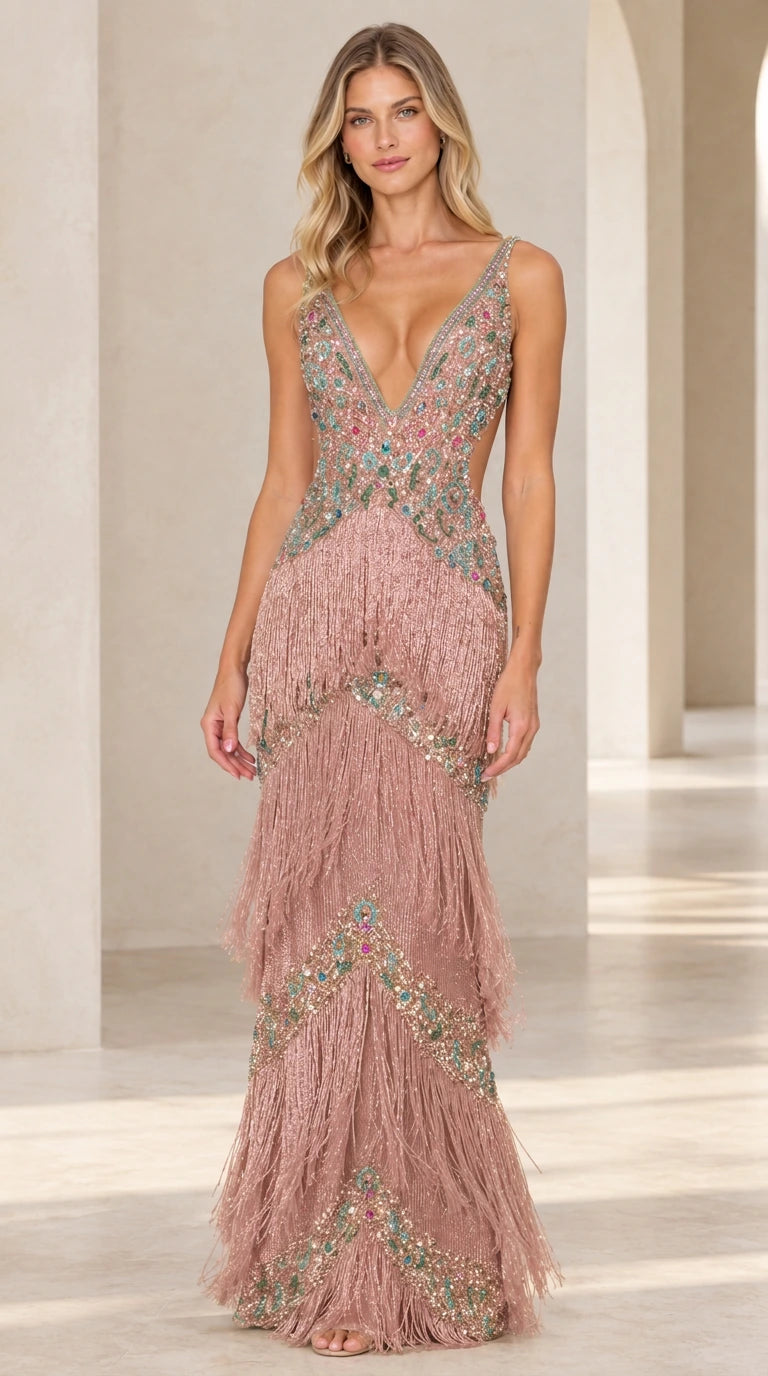 Blush pink beaded plunging V-neck formal dress with tiered fringe detail