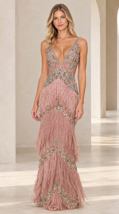 Blush pink beaded plunging V-neck formal dress with tiered fringe detail