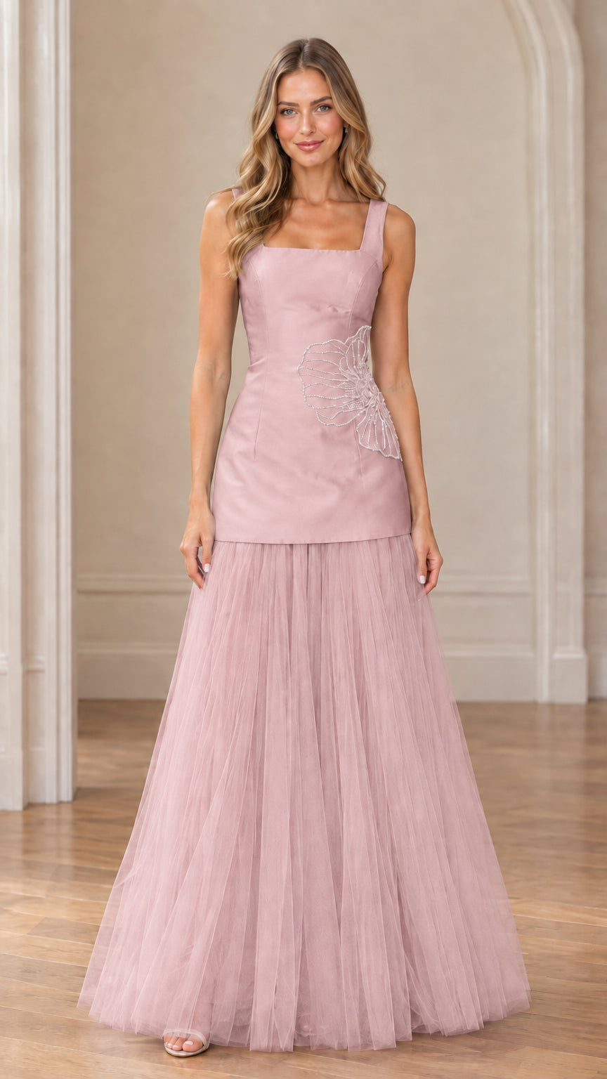 Dusty pink square neck drop-waist formal gown with beaded floral embellishment