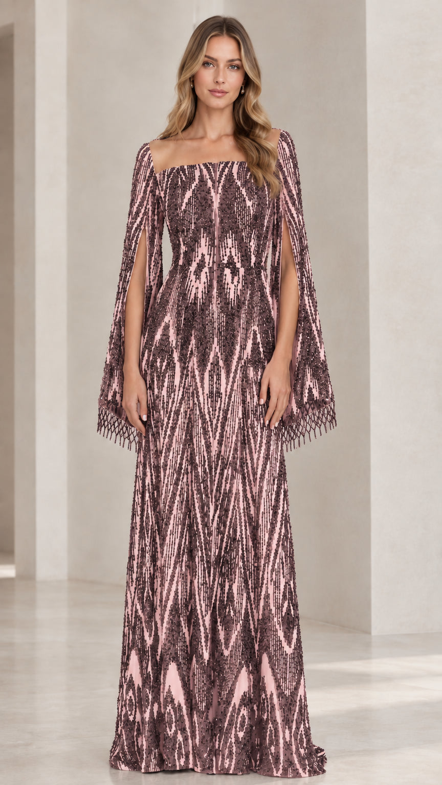 Mauve pink geometric sequin evening gown with split cape sleeves