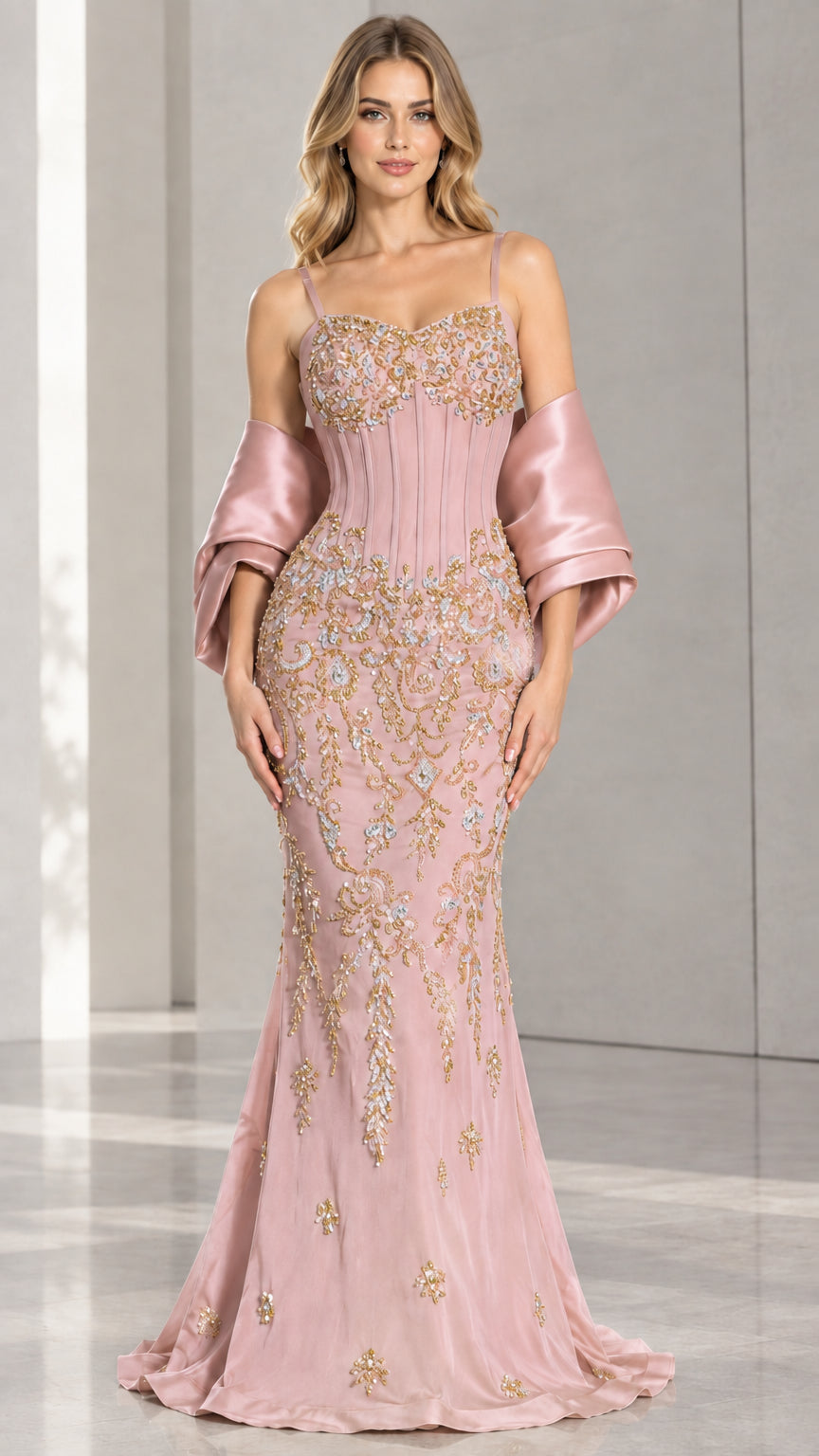 Front view of Blush Pink embroidered corset evening gown with pink shawl