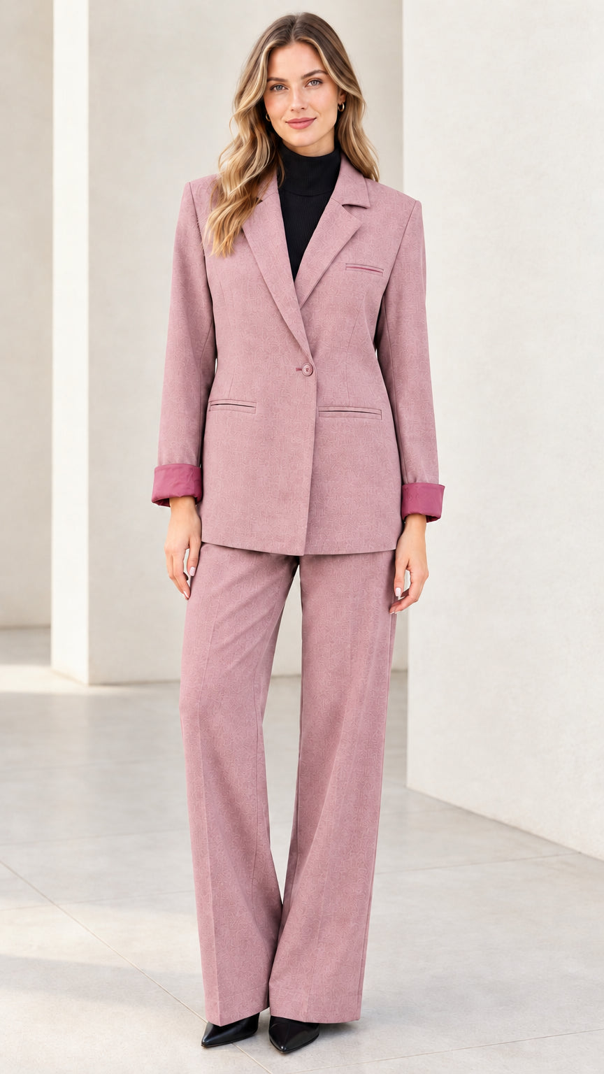 Front full view of women's dusty pink tailored blazer and wide-leg pant suit set