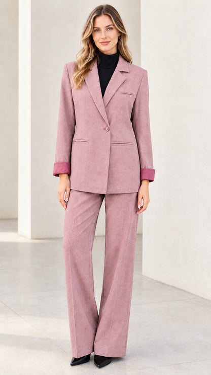 Front full view of women's dusty pink tailored blazer and wide-leg pant suit set
