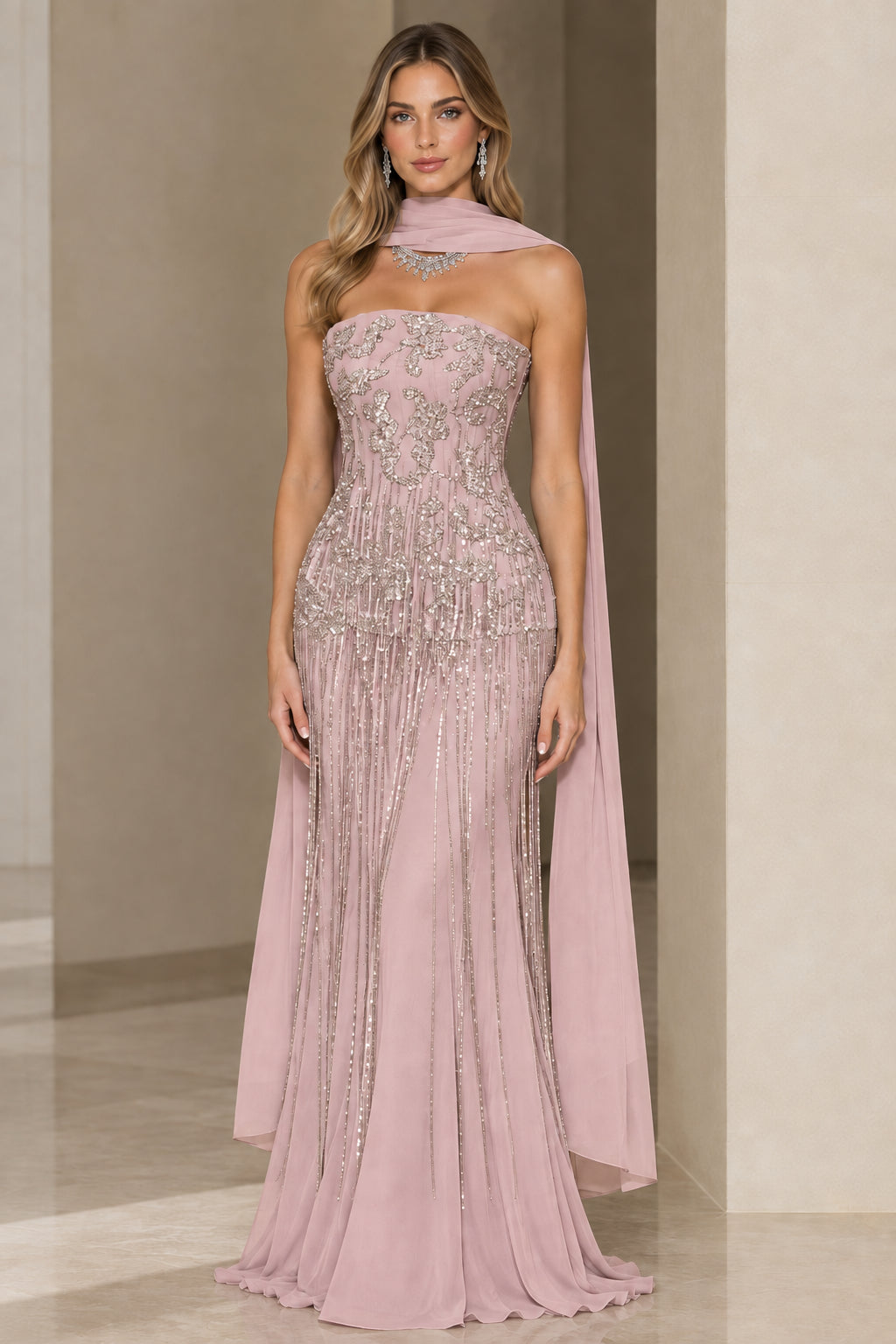 Dusty Rose strapless sequin and beaded evening gown with matching chiffon scarf