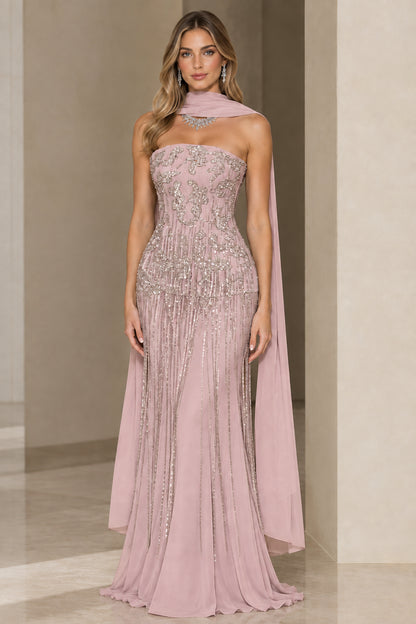 Dusty Rose strapless sequin and beaded evening gown with matching chiffon scarf