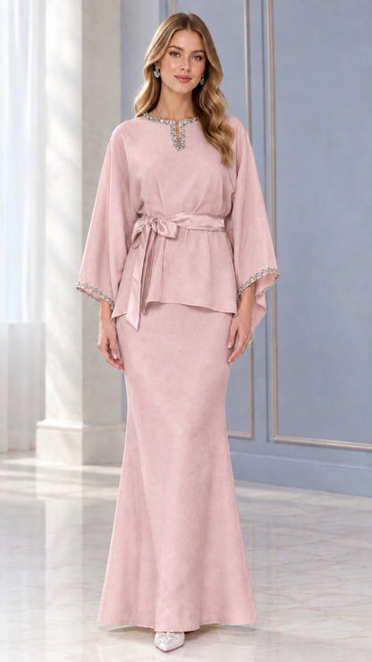 Full-length view of Dusty Pink embellished top and trumpet maxi skirt set