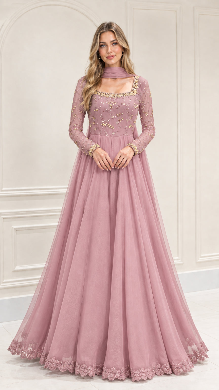 Dusty pink embroidered long sleeve A-line formal evening gown