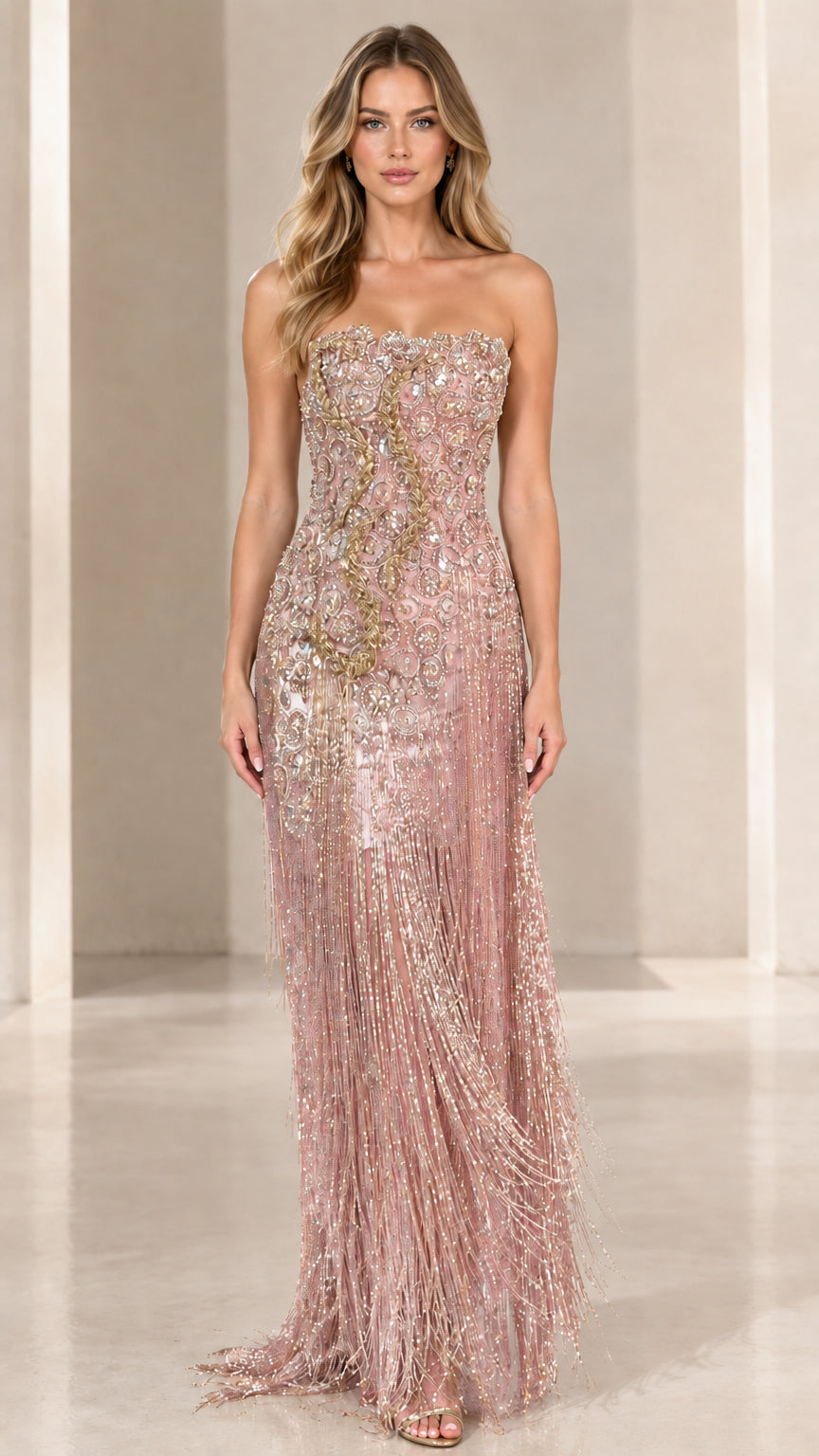 Full-length front view of strapless blush pink embellished fringe evening dress