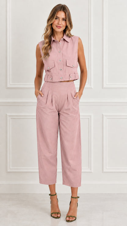 Front view of woman wearing Dusty Pink sleeveless cropped utility set