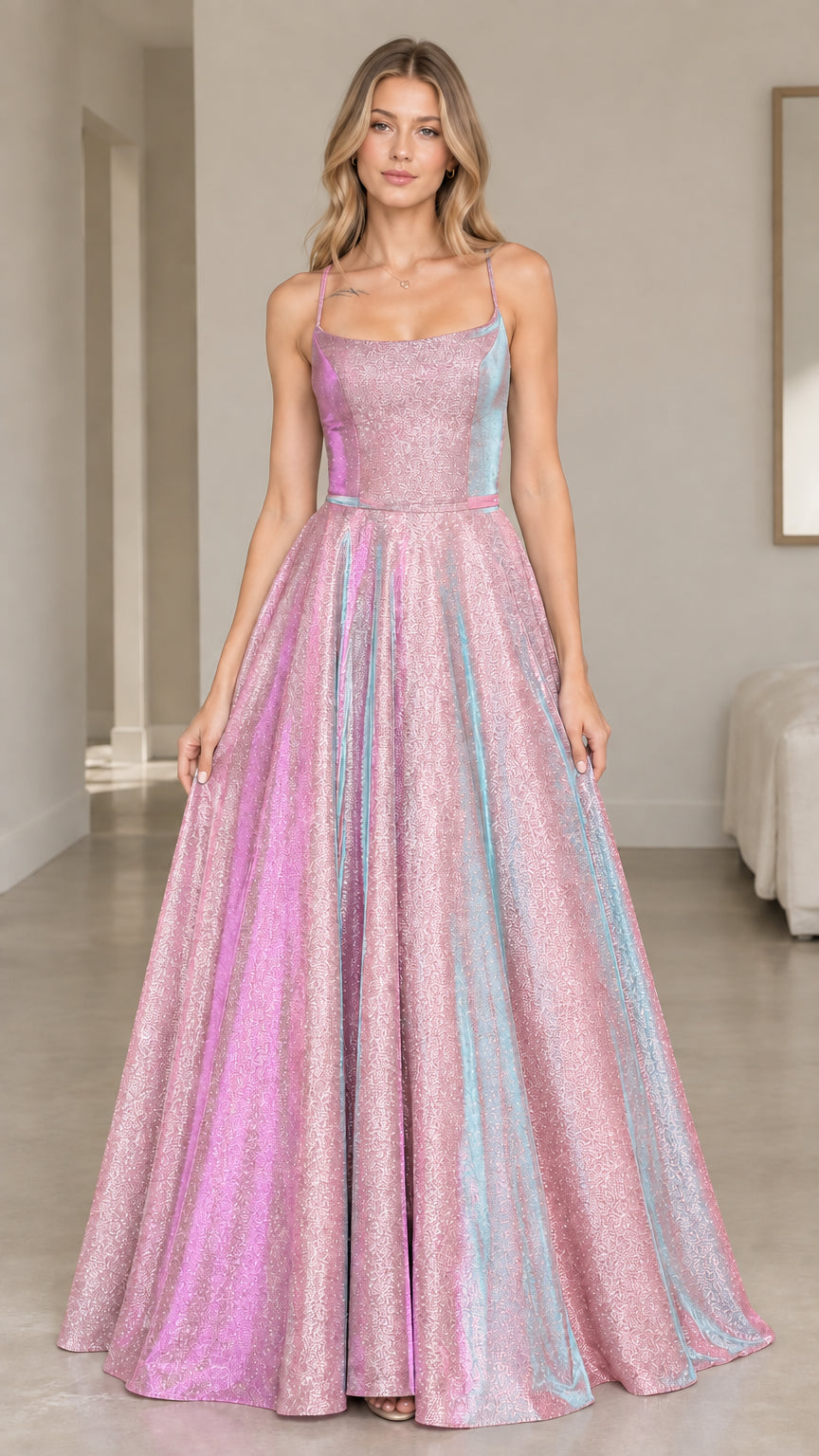 Front view of the blush pink glitter A-line maxi dress