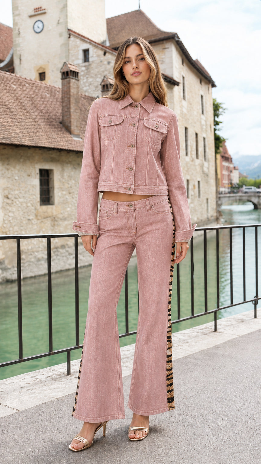 Model wearing Dusty Pink cropped denim jacket and flare jeans set with contrast side tape