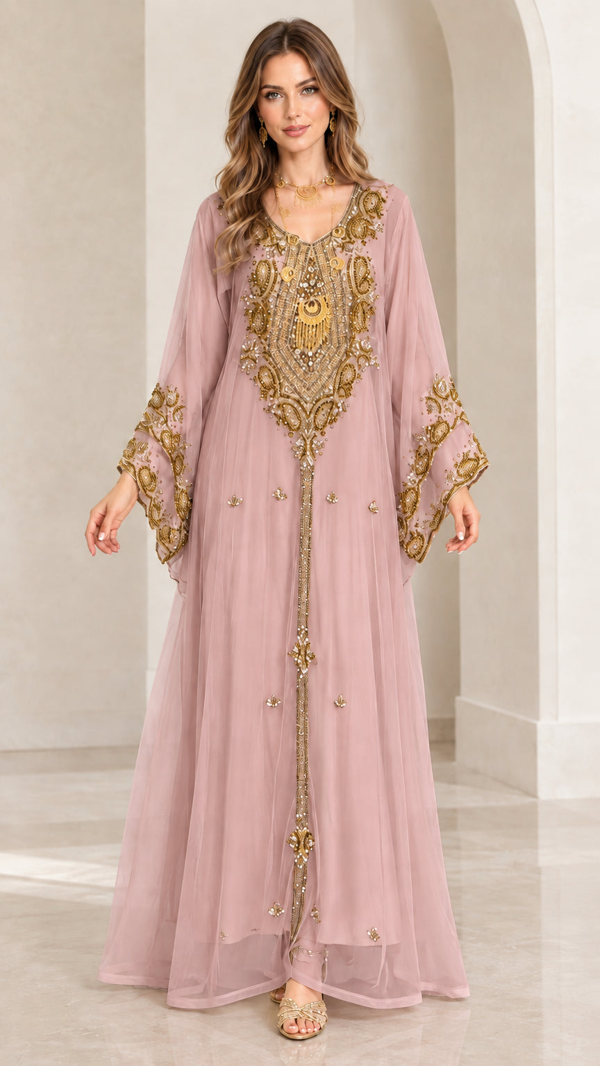 Front view of dusty rose pink gold embroidered formal kaftan maxi dress