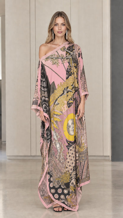 Pink one-shoulder celestial print kaftan maxi dress