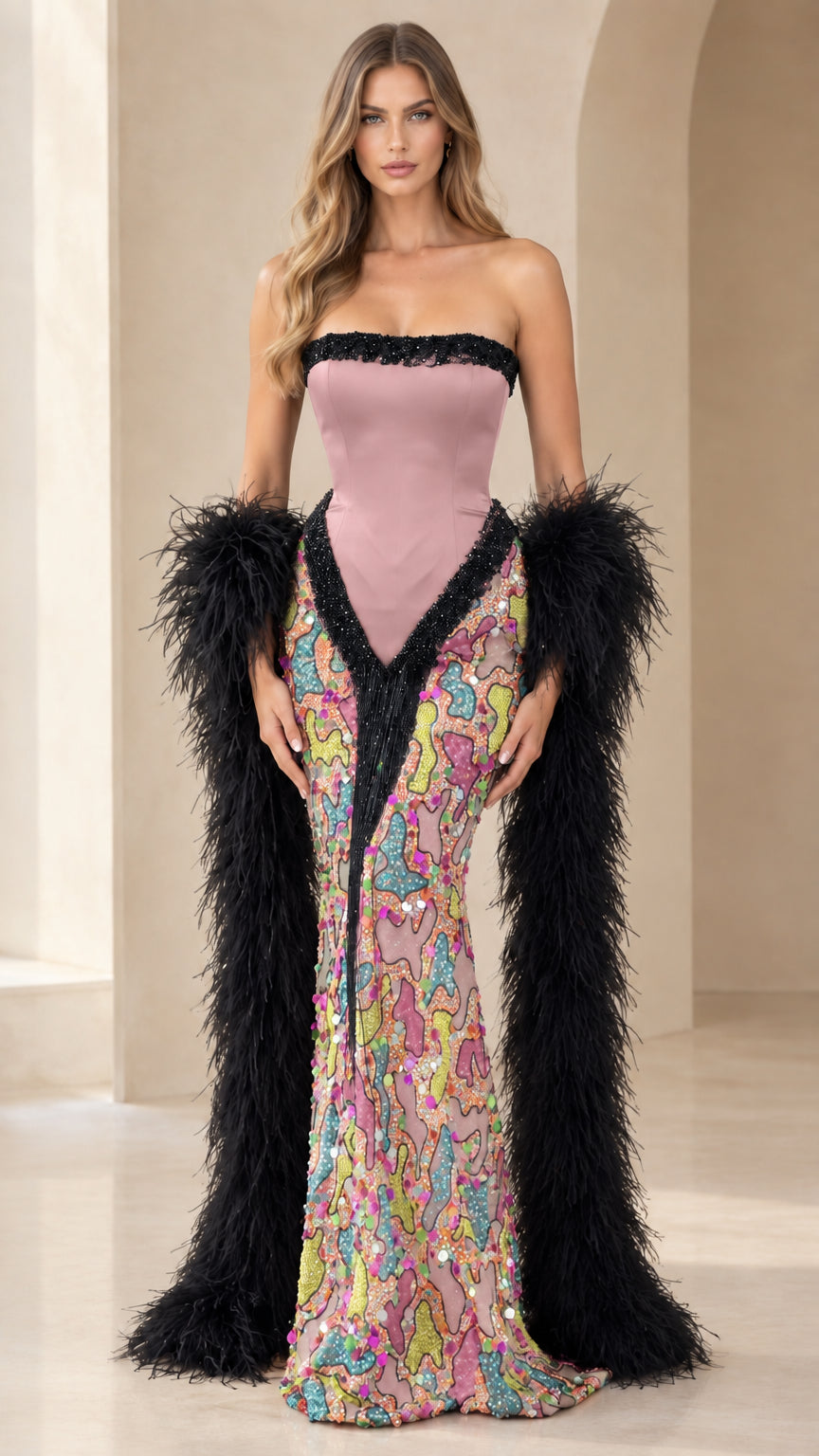 Mauve pink strapless corset sequin evening gown with black feather stole