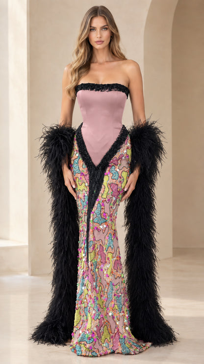 Mauve pink strapless corset sequin evening gown with black feather stole