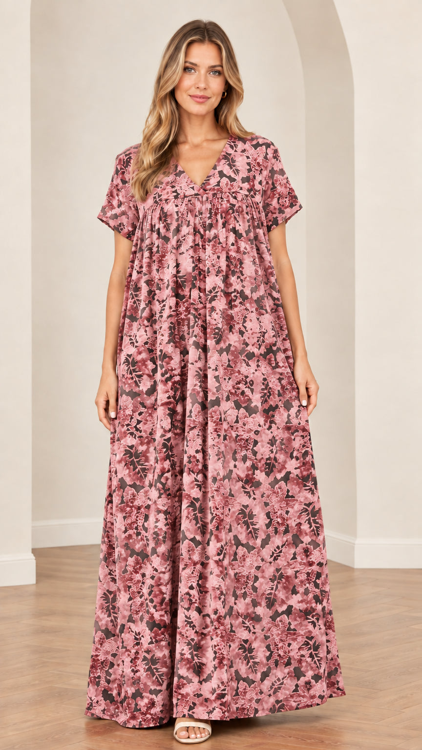 Front view of dusty rose floral short sleeve casual maxi dress