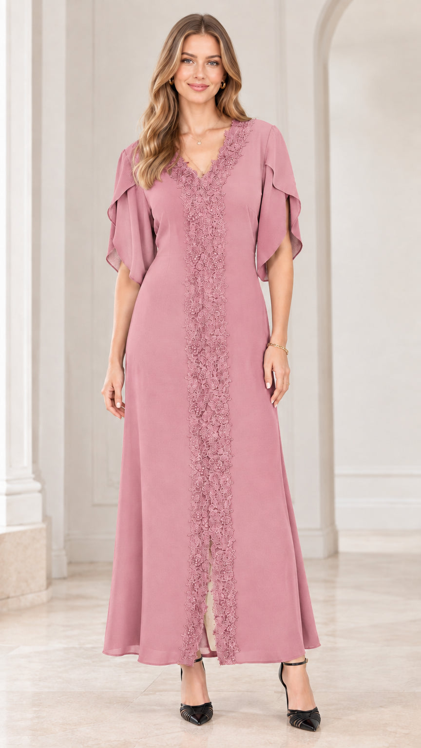 Full front view of model wearing dusty rose flutter sleeve lace maxi dress