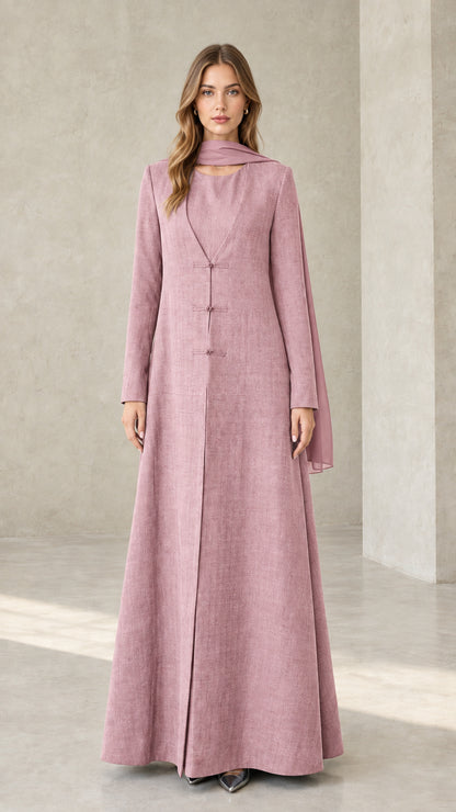 Dusty Rose pink textured long sleeve maxi dress with matching scarf