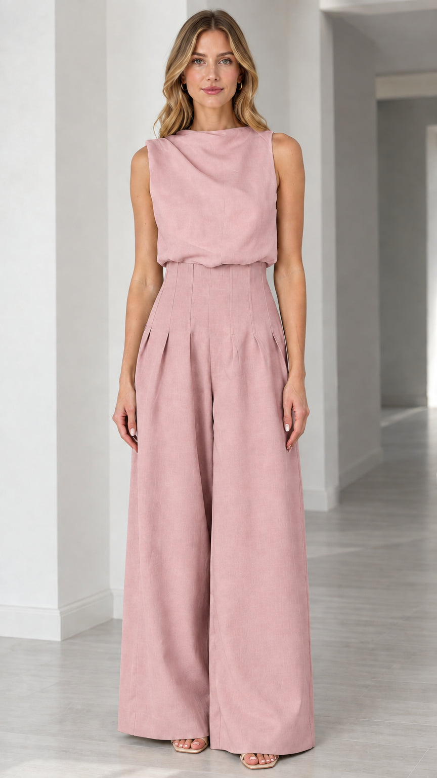 Full-length view of solid dusty pink sleeveless wide-leg pleated jumpsuit
