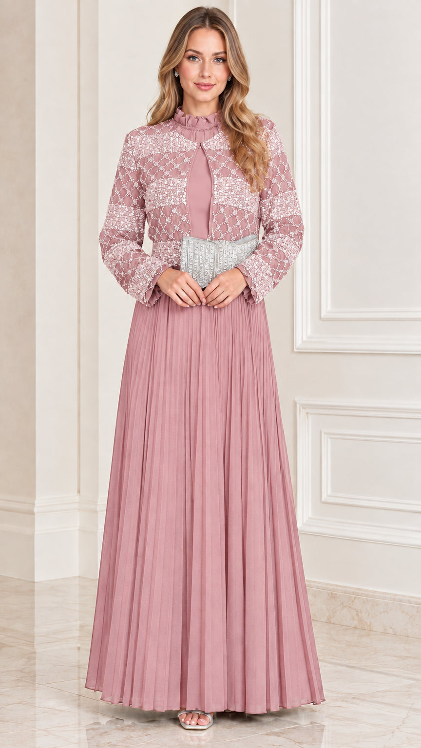 Dusty Pink sequined long sleeve pleated maxi evening dress
