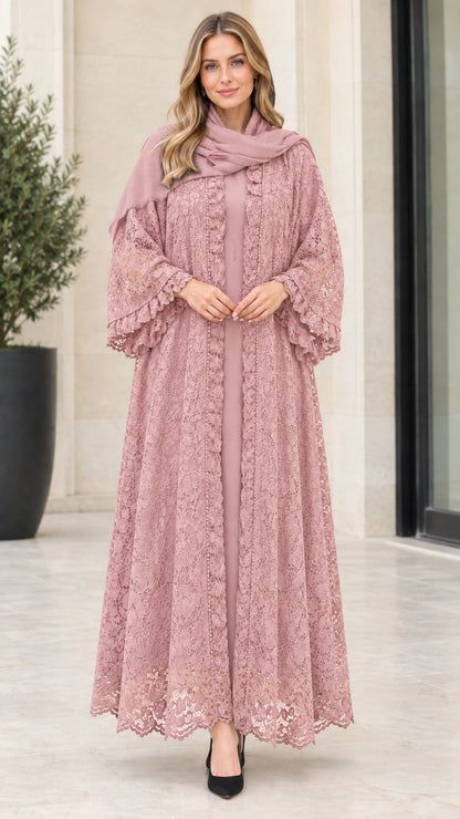 Full-length front view of dusty pink floral lace abaya robe