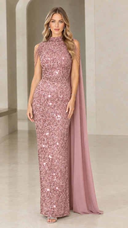 Full-length dusty pink high-neck sequin cape maxi dress