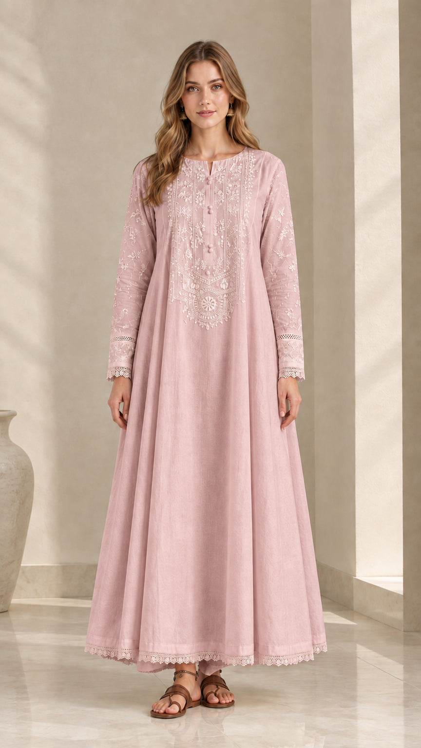 Dusty pink embroidered long sleeve maxi dress front view