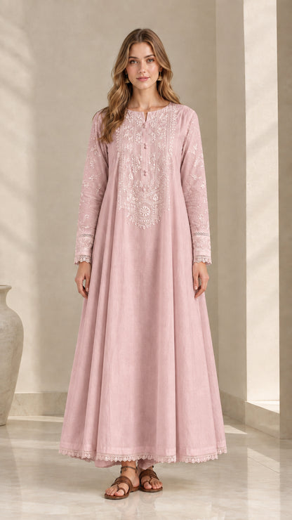 Dusty pink embroidered long sleeve maxi dress front view