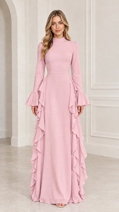 Front view of woman wearing Blush Pink long sleeve ruffle maxi dress