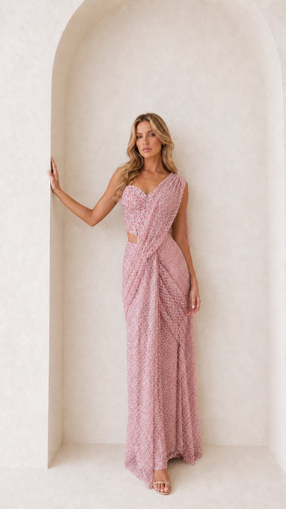 Blush Pink sequin pre-draped saree evening gown front view
