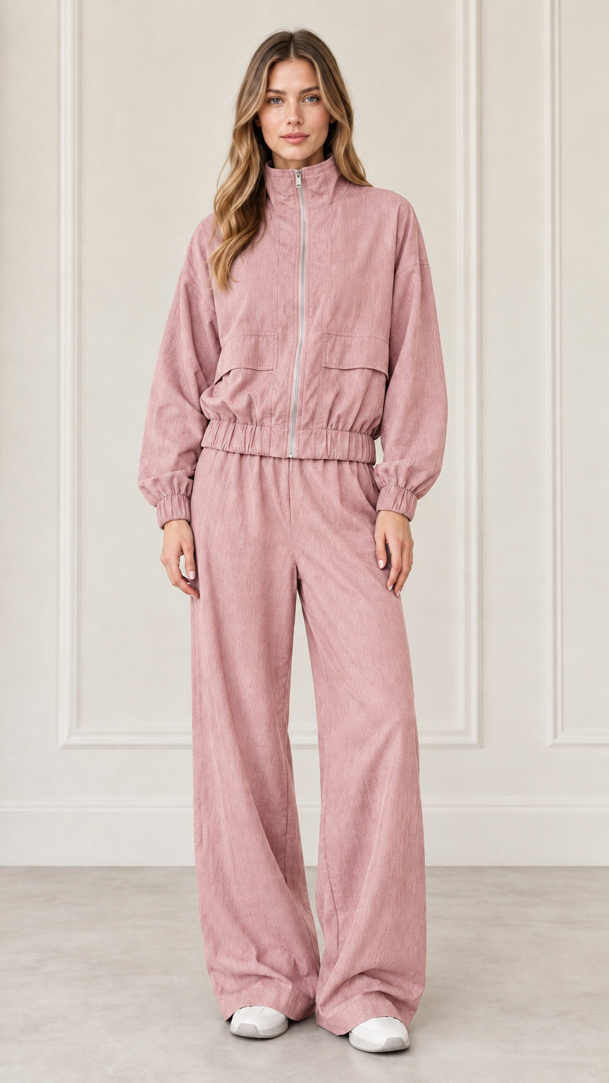 Front full-length view of woman wearing Dusty Pink zip-up jacket and wide-leg pants set