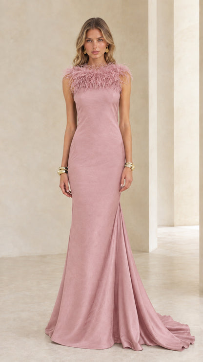 Dusty Pink feather-trimmed open back mermaid evening gown