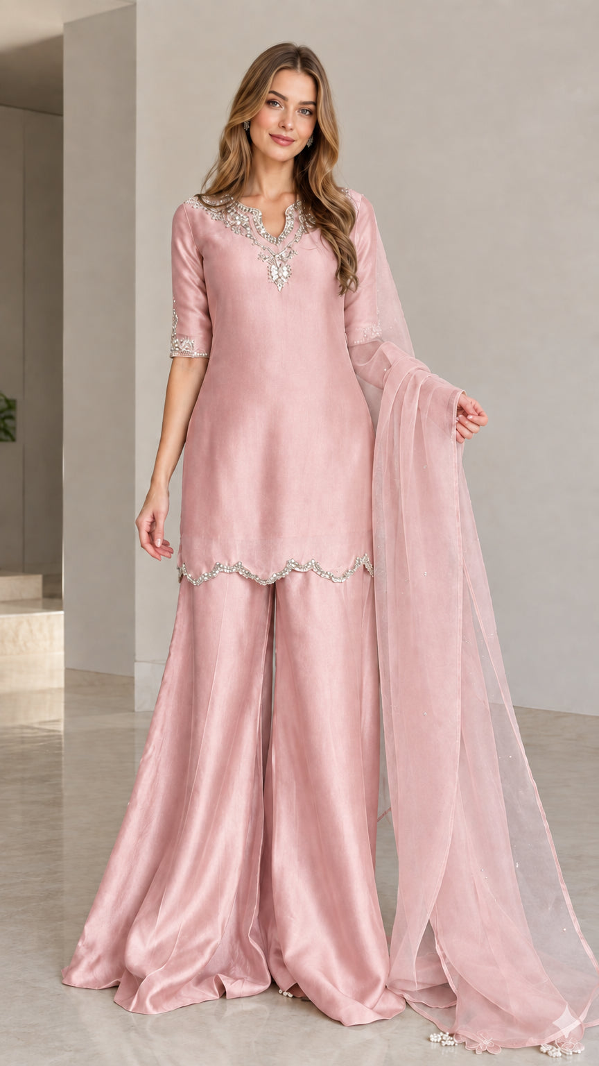 Model wearing dusty pink embellished kurta sharara 3-piece set with matching dupatta
