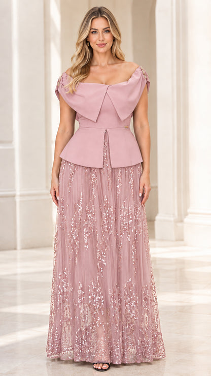 Dusty rose off-the-shoulder peplum sequin maxi formal gown