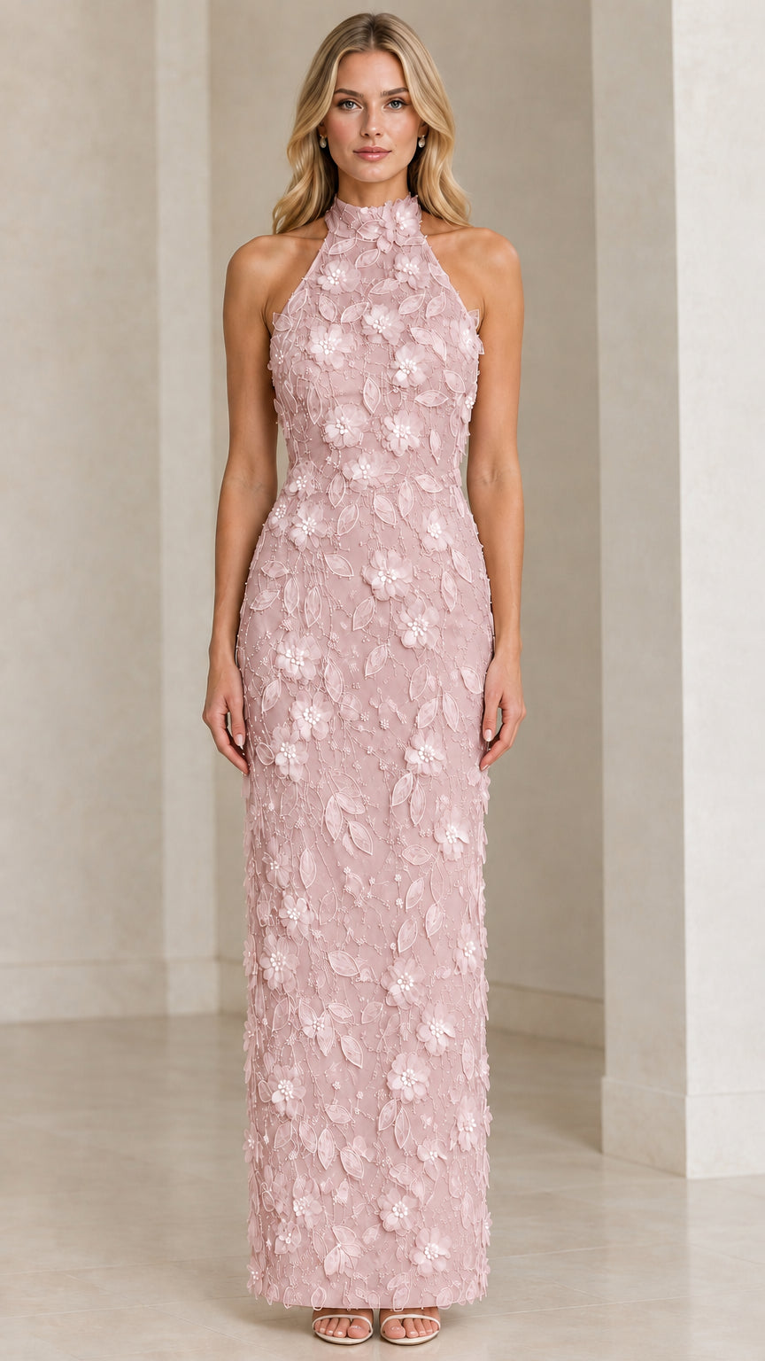 Blush Pink sleeveless halter column gown with tonal 3D floral embellishments