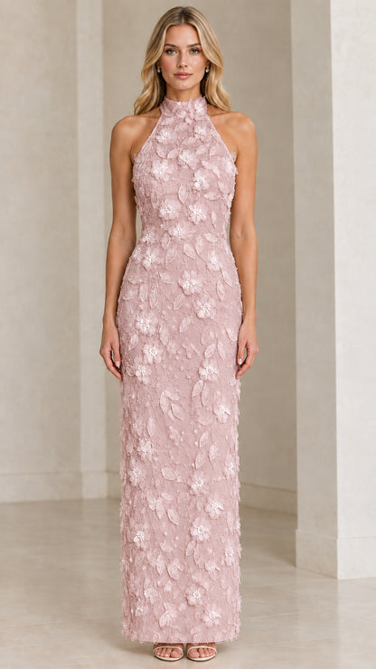 Blush Pink sleeveless halter column gown with tonal 3D floral embellishments