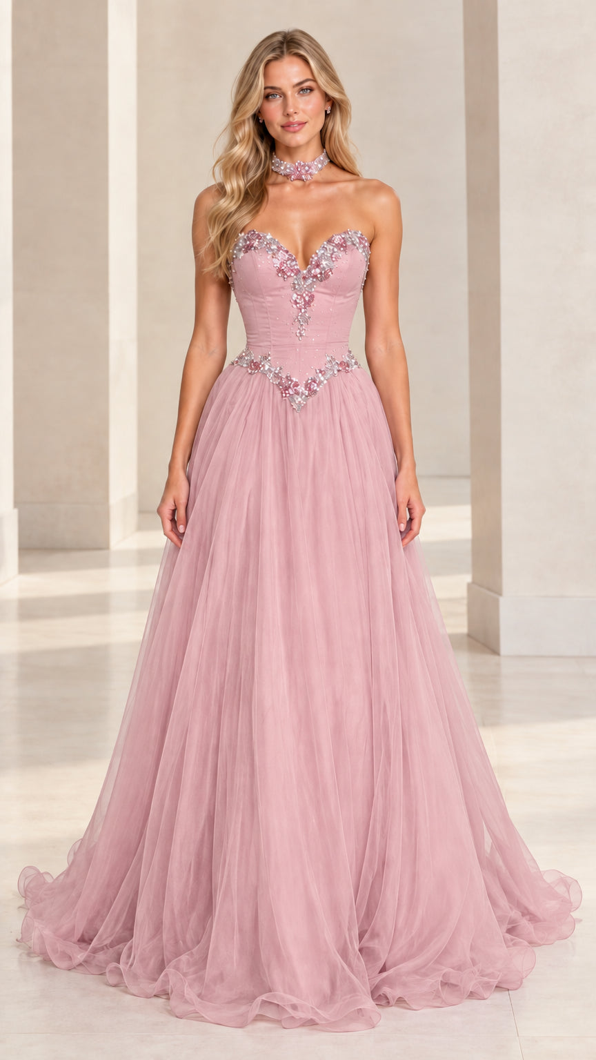 Front view of model wearing dusty pink strapless beaded tulle evening gown