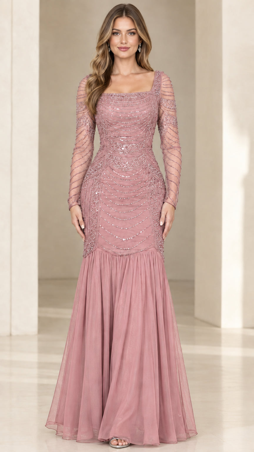 Front view of dusty rose pink beaded mermaid evening gown with long sleeves