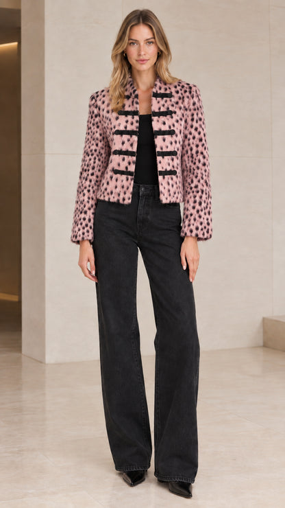 Model wearing Pink Leopard textured cropped military jacket