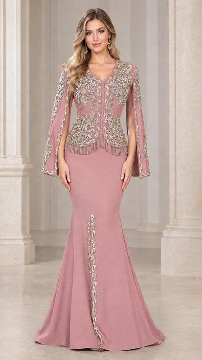 Front view of model wearing Dusty Rose beaded cape sleeve formal gown