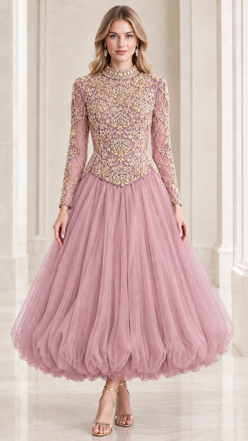 Dusty rose pink long sleeve embellished tulle formal dress