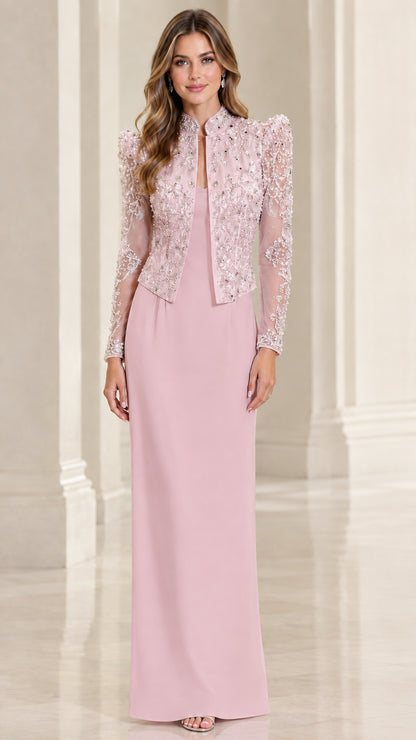 Dusty pink formal column dress with matching beaded lace jacket