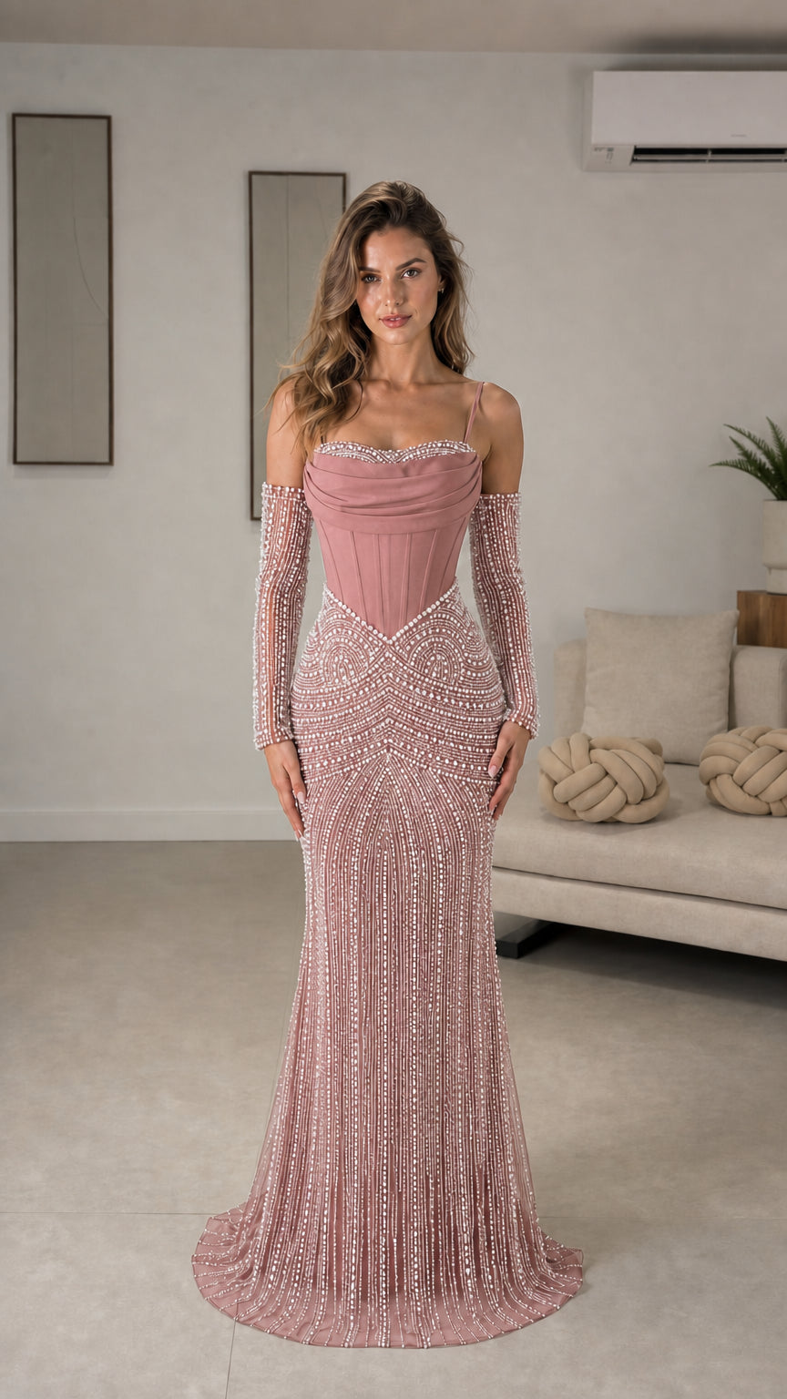 Dusty rose beaded corset formal gown with matching sleeves - Front view