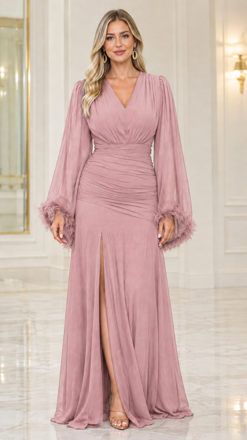 Front view of dusty pink ruched formal maxi dress with sheer feather sleeves