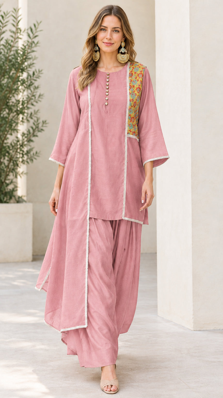 Woman wearing Dusty Pink draped kurta and dhoti pant set