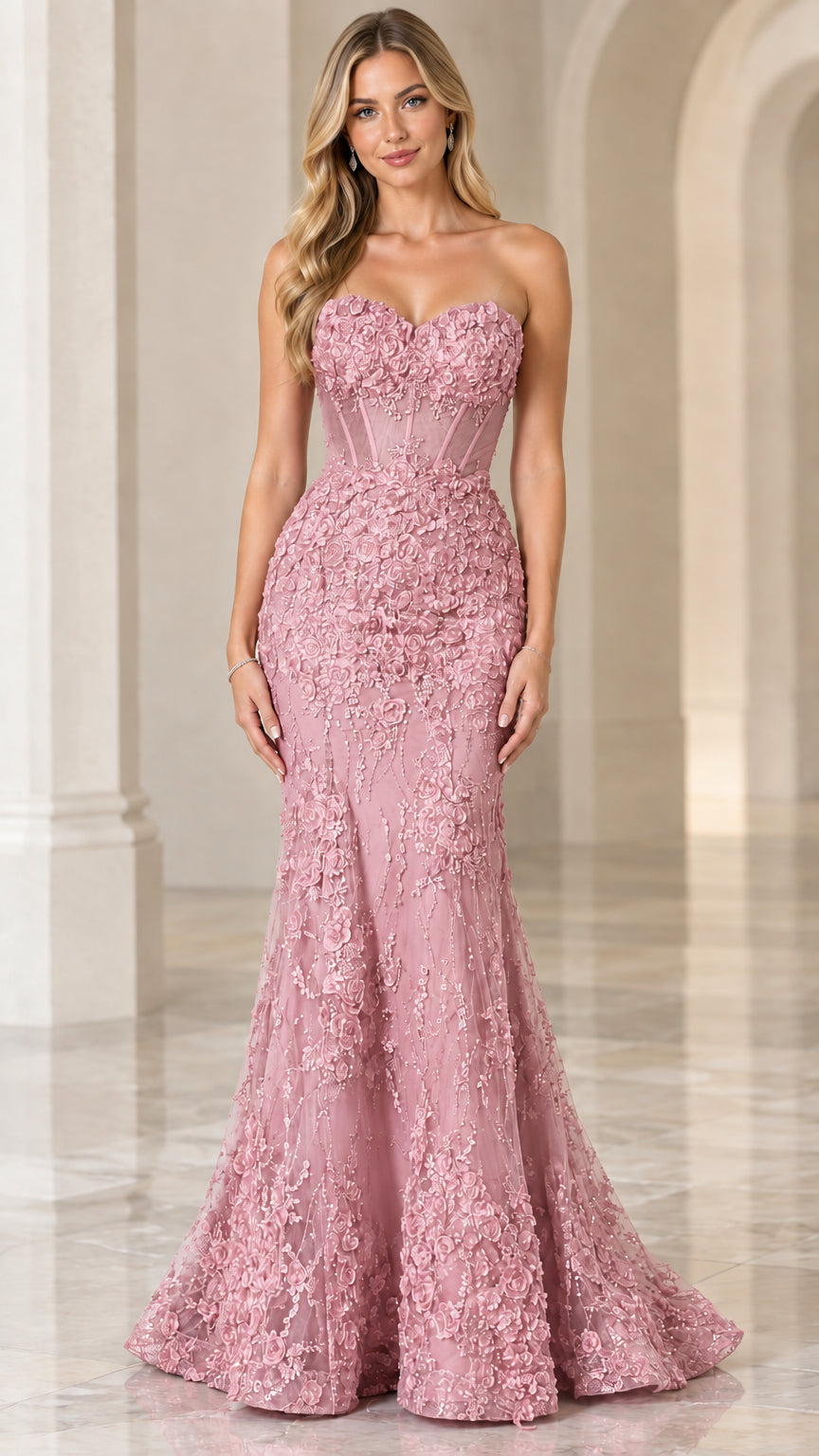 Front full view of blush pink strapless 3D floral corset formal dress
