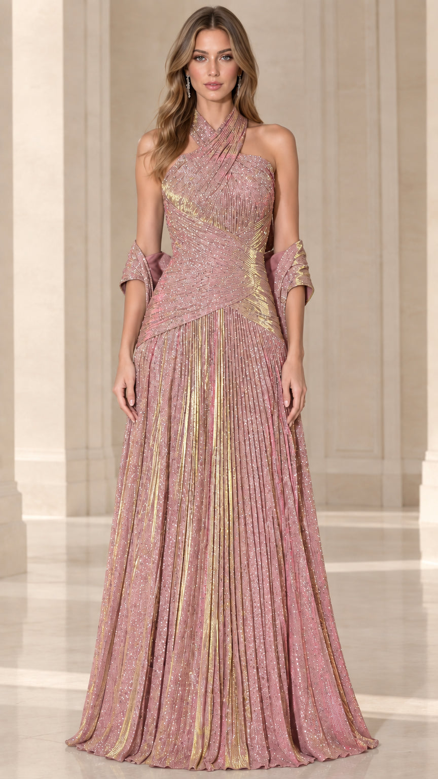 Blush pink metallic pleated cross halter evening gown with matching shawl