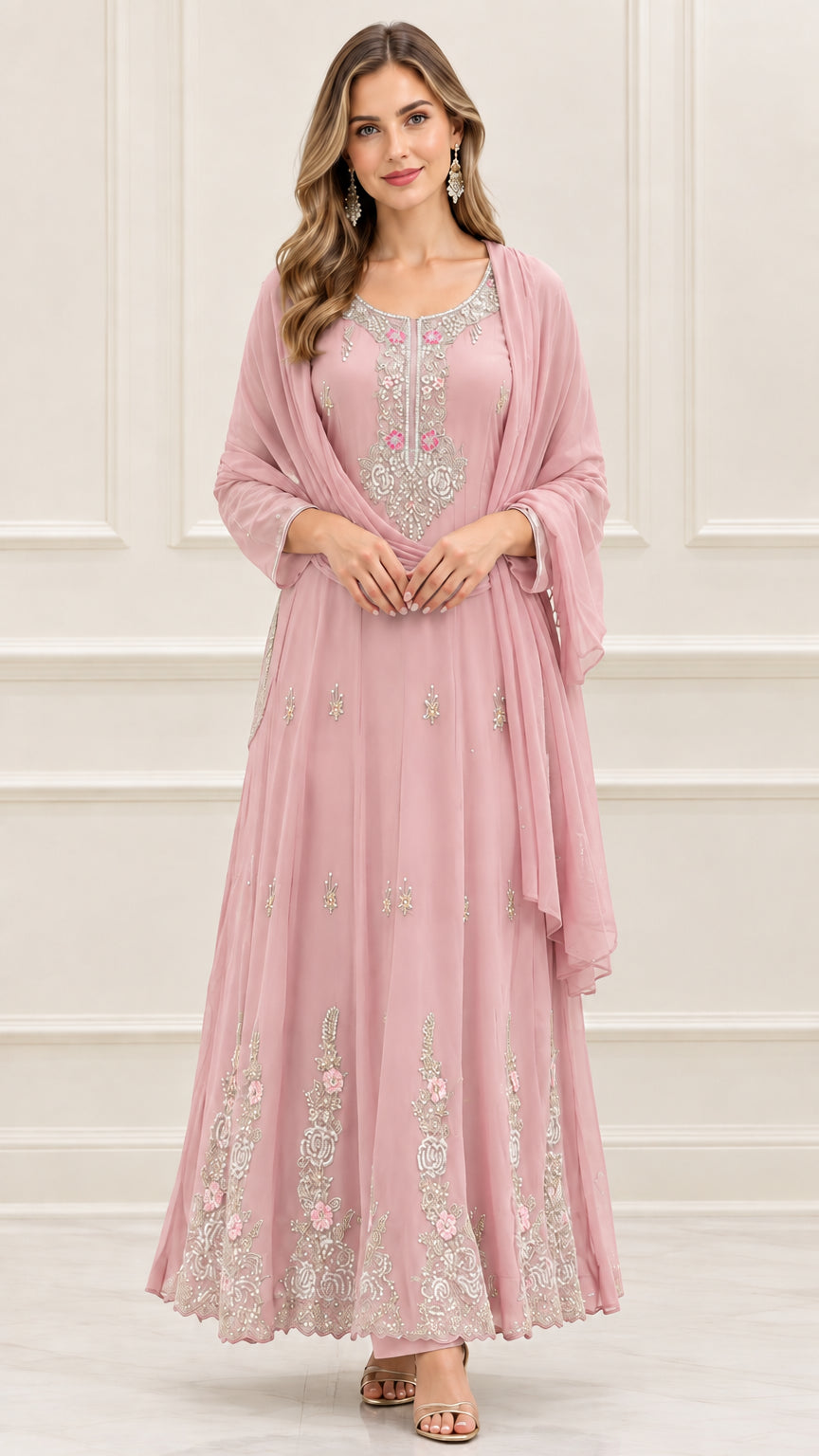 Front view of blush pink embroidered A-line maxi dress with scarf