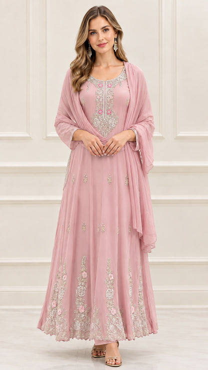 Front view of blush pink embroidered A-line maxi dress with scarf